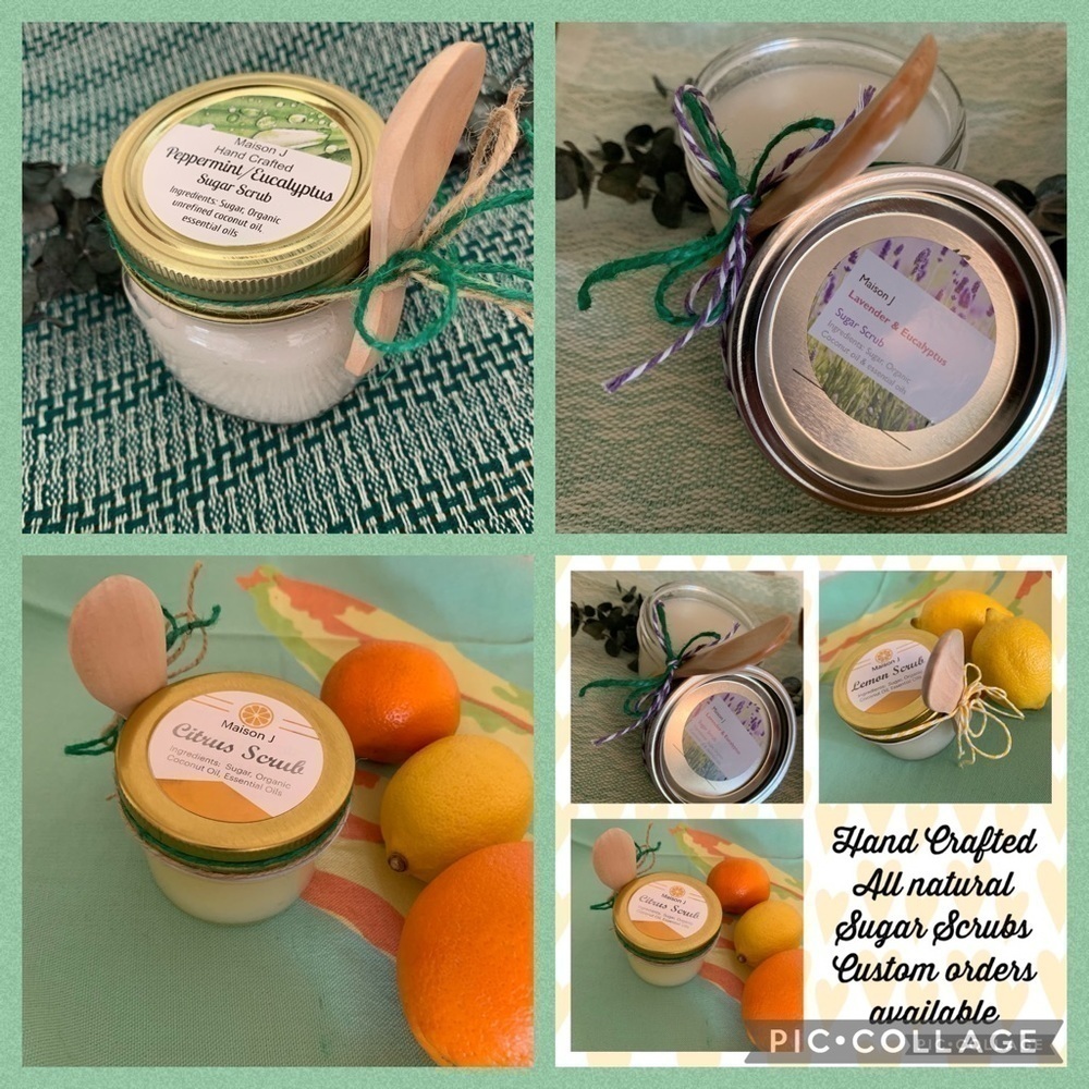 Trio of sugar scrubs, hand crafted all natural exfoliating moisturizing organic